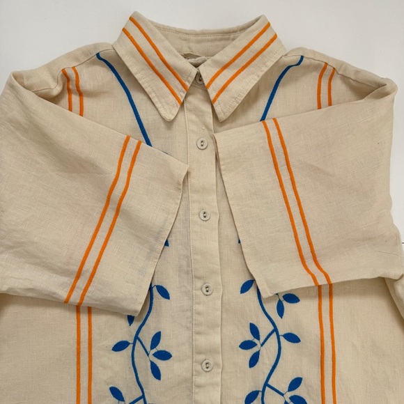 VRG Grl Blouse Sunsets Capri Linen Natural Button Down Collared Embroidered Sz 8 - Picture 10 of 16